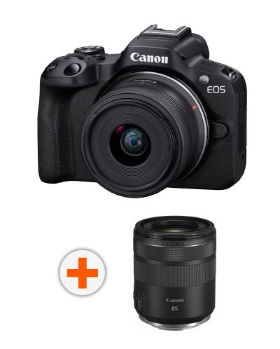 Безогледален фотоапарат Canon - EOS R50, RF-S 18-45mm, f/4.5-6.3 IS STM + Обектив Canon - RF 85mm f/2 Macro IS STM - 1